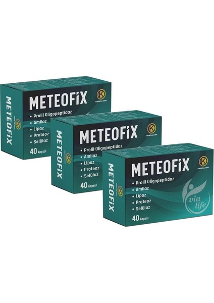 kuazar ilaç meteofix propil oligopeptidaz, amilaz, lipaz, proteaj, selülaz, bromelain, zencefil sindirim enzimler 40 kapsül - 3'lü