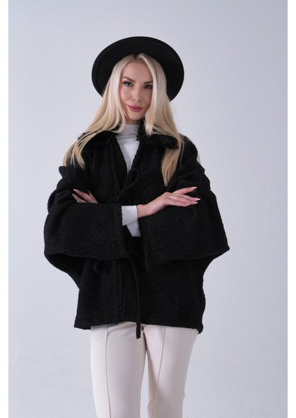 Siyah Önü Bağlama Detaylı Yakası Kürklü Panço 47122475.01