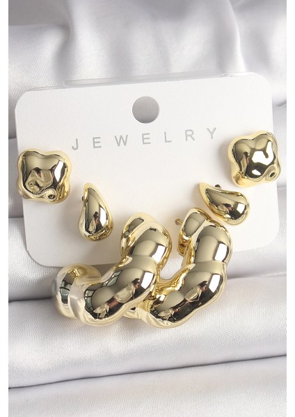 Bfs Gold Renk Yonca Damla Halka Model Ccb Plastik Kadın Küpe Seti