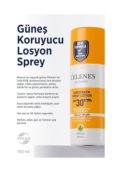 Celenes Herbal Güneş Koruyucu Losyon Spray SPF30 150ML