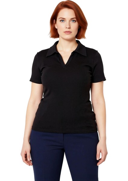 Kadın Beyaz Basic Vücuda Oturan Polo Yaka Kısa Kollu Kaşkorse Bluz Cool & Comfort Yazlık Rahat Giyim