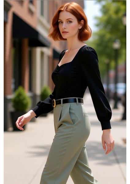 Kadın Bluzu Kalp Yaka Büzgülü Detay Uzun Kol Fermuarlı Dokuma Kumaş Kaliteli Şık Rahat Modern modelleri