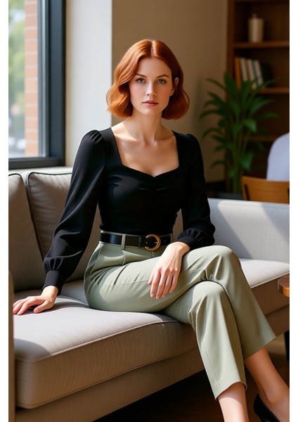 Kadın Bluzu Kalp Yaka Büzgülü Detay Uzun Kol Fermuarlı Dokuma Kumaş Kaliteli Şık Rahat Modern fırsatları