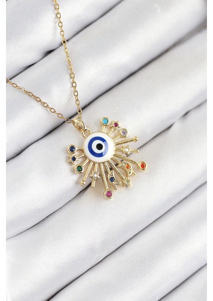 Bfs 316L Çelik Zirkon Taşlı Nazar Model Gold Renk Kadın Kolye