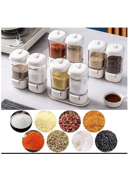 8li Tuşlu Basmalı Baharatlık Seti Gramaj Ayarlı Tuzluk Şekerlik Tuz Biber Baharat Saklama Kabı 140ML