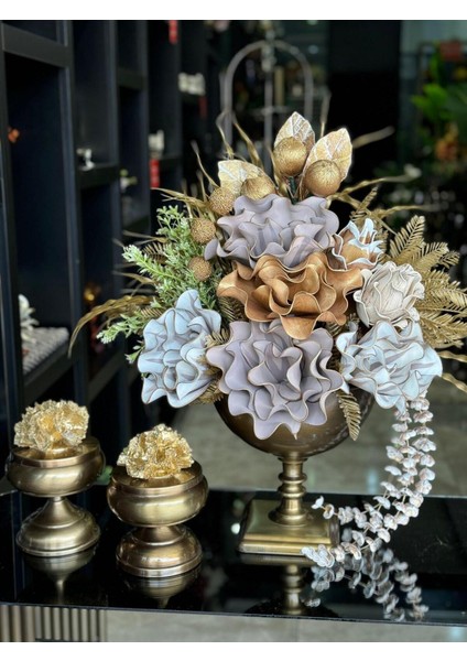 Yapay Çiçekli Antik Kare Ayak Vazo 3 Parça Set No:1