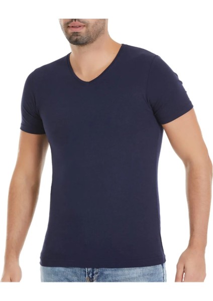 4'lü Erkek Lacivert V Yaka Kısa Kollu Modal Kumaş Atlet Tshirt