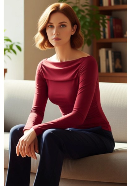 Kadın Moda Şık Üst Giyim Regular Kayık Yaka Slim Kalıp Örme Drapeli Vücuda Oturan Esnek Bluz