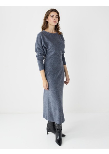 Antrasit Kayık Yaka Yarasa Kol Yumuşak Dokulu Midi Elbise modelleri