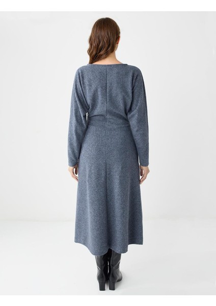 Antrasit Kayık Yaka Yarasa Kol Yumuşak Dokulu Midi Elbise indirimleri