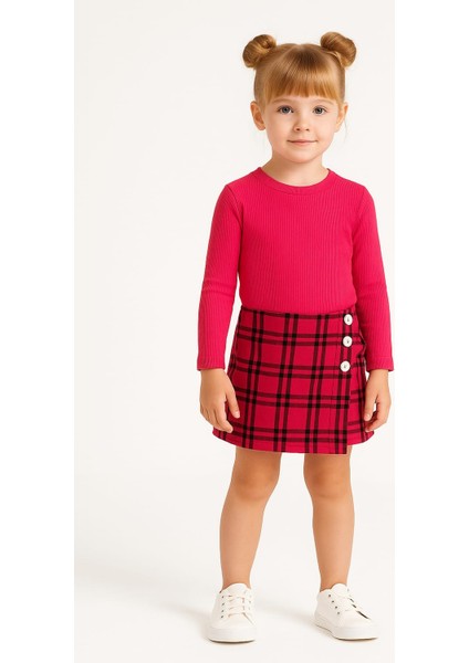 Ekose Desenli Düğme Detaylı Şort Etekli Kız Çocuk Takım