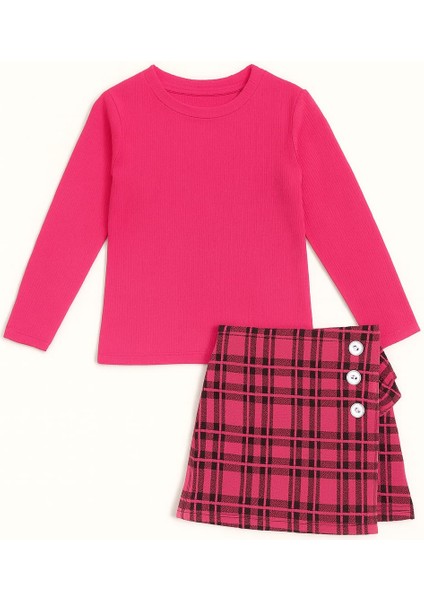 Ekose Desenli Düğme Detaylı Şort Etekli Kız Çocuk Takım fiyatları