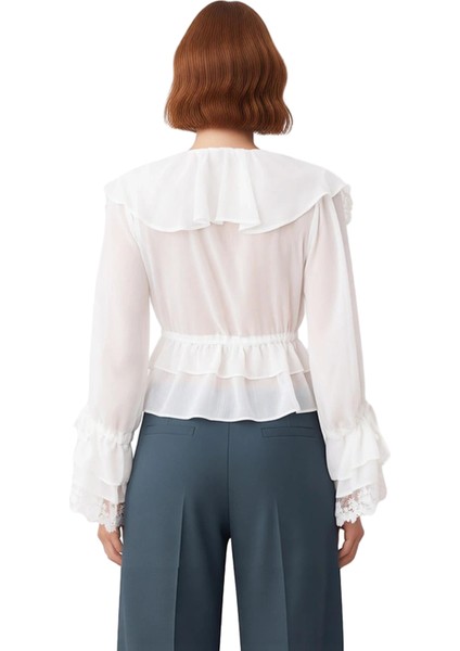 Kadın V Yaka Fırfırlı Şifon Bluz Zarif ve Hafif Tasarım Kaliteli Şık Rahat Modern Zarif Günlük fırsatları