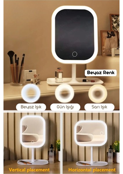 LED Işıklı Makyaj Aynası – Dokunmatik, 3 Işık Modlu, Oynar Başlıklı Tasarım