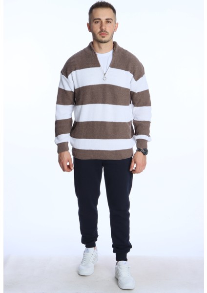 Parçalı Selanik Yarım Fermuar Kazak Kahve