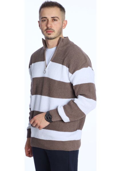 Parçalı Selanik Yarım Fermuar Kazak Kahve modelleri