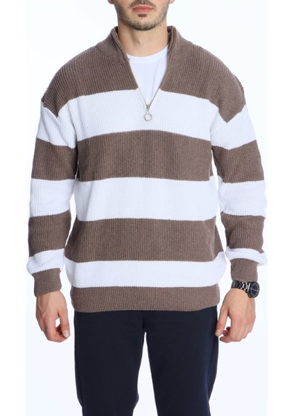 Parçalı Selanik Yarım Fermuar Kazak Kahve indirimleri