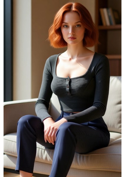 Kadın Fitted Kare Yaka Yarım Pat Düğmeli Uzun Kollu Crop Örme Bluz Kış Sezonu Için Modern ve Şık fiyatları