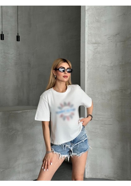 Tom Hil Taşlı Beyaz Crop T-Shirt