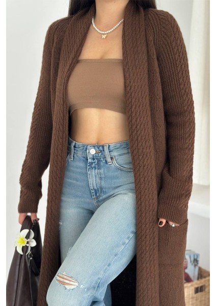 Kadın Yumuşak Dokulu Cepli Örgü Diz Altı Uzun Triko Hırka modelleri