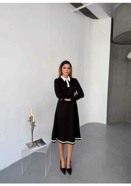 Kadın Gold Çıt Çıt Detaylı Polo Yaka Ingiliz Model Modal Kumaş Midi Boy Elbise