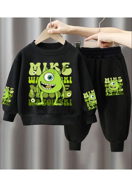 Punıx Kıds Özel Tasarım Yuvarlak Yaka Yeşil Minik Canavar Baskılı %100 Pamuk Kışlık Erkek Çocuk Eşofman Takımı