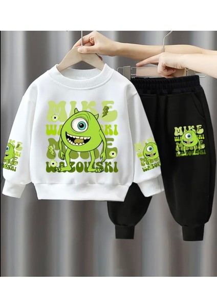 Punıx Kıds Özel Tasarım Yuvarlak Yaka Yeşil Minik Canavar Baskılı %100 Pamuk Kışlık Erkek Çocuk Eşofman Takımı