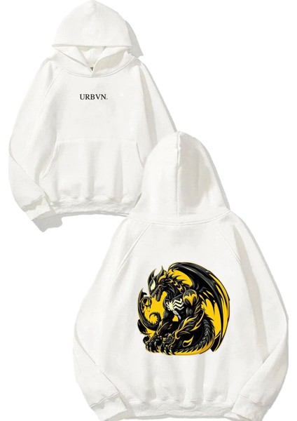 Yellow Dragon Tasarım Baskılı Oversize Beyaz Kapüşonlu Sweatshirt