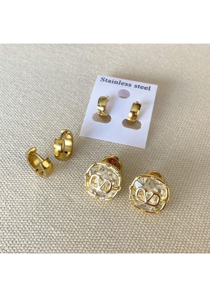 Taşlı Gold Halka Çelik Küpe Kombin