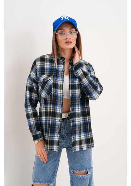 Kadın Desen Bloklu Oduncu Oversize Bol ve Geniş Kalıp Casual Cepli Yakalı Ceket Gömlek