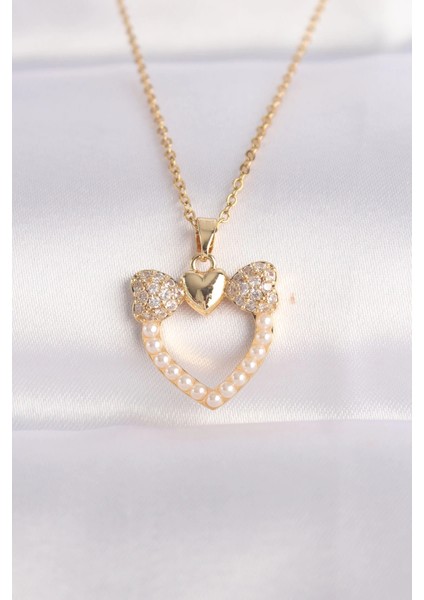 Bfs 316L Çelik Zincir Altın Renk Inci Taş Detay Zirkon Taşlı Kalp Kolye