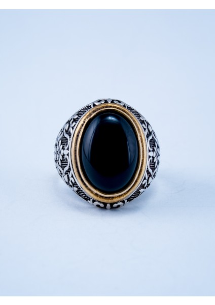 Şık Desenli Doğal Oniks Taşlı 925 Ayar Saf Gümüş Erkek Yüzük