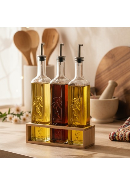 Olea - 3'lü Ahşap Uzun Katlı Standlı Cam Zeytinyağı Şişesi Yağdanlık Damlatmaz Yağlık Sirkelik 500ML