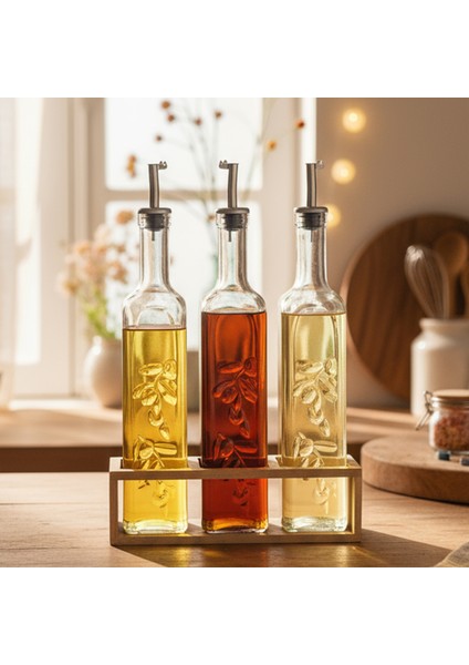 Olea - 3'lü Ahşap Uzun Katlı Standlı Cam Zeytinyağı Şişesi Yağdanlık Damlatmaz Yağlık Sirkelik 500ML fiyatları