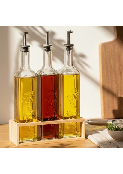 Olea - 3'lü Ahşap Uzun Katlı Standlı Cam Zeytinyağı Şişesi Yağdanlık Damlatmaz Yağlık Sirkelik 500ML modelleri