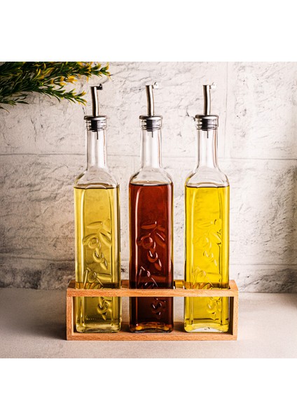 Olea - 3'lü Ahşap Uzun Katlı Standlı Cam Zeytinyağı Şişesi Yağdanlık Damlatmaz Yağlık Sirkelik 500ML fırsatları