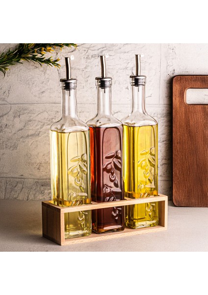 Olea - 3'lü Ahşap Uzun Katlı Standlı Cam Zeytinyağı Şişesi Yağdanlık Damlatmaz Yağlık Sirkelik 500ML indirimleri