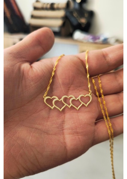 925 Ayar Gümüş 24 Ayar Altın Kaplama 5 Kalpli Kolye