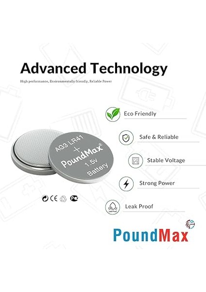 Adet Ag3 LR41 LR736 / L736 / G3 / G3A / 3ga / 192 / GP192 / V3GA / RW87 1.5V Poundmax Alkalin Düğme Piller Küçük Elektronik Ev Aletleri, Araba Anahtarları, Ölçüm Cihazları ve Hesap Makineleri indirimleri