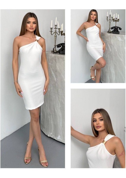 Ottoman Kumaş Gold Toka Detaylı Tek Omuz Mini Elbise