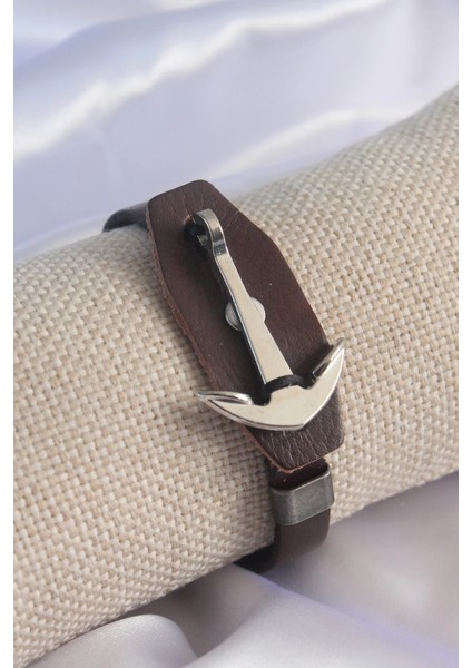 Bfs Kahverengi Deri Model Gümüş Renk Çapa Figür Erkek Bileklik