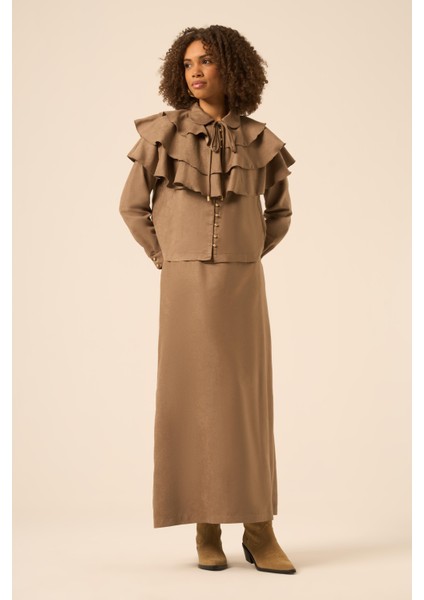 Bayan Süet Fırfırlı Takım Vizon 31247