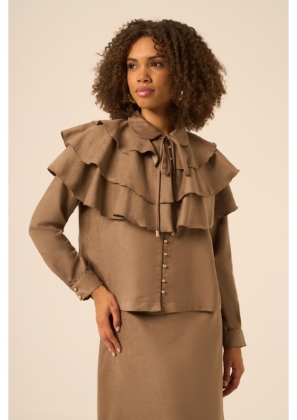 Bayan Süet Fırfırlı Takım Vizon 31247 fiyatları