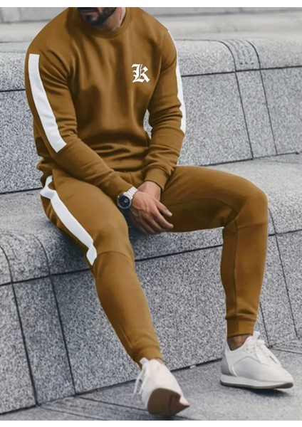 Büyük Beden Özel Tasarım R Tribal Baskılı Şerit Dikişli %100 Pamuk Dış Mekan Erkek Eşofman Takımı