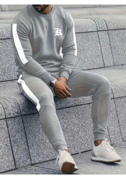 Büyük Beden Özel Tasarım R Tribal Baskılı Şerit Dikişli %100 Pamuk Dış Mekan Erkek Eşofman Takımı