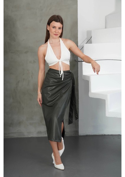 Kuşaklı Uzun Deri Etek Haki H26414 modelleri