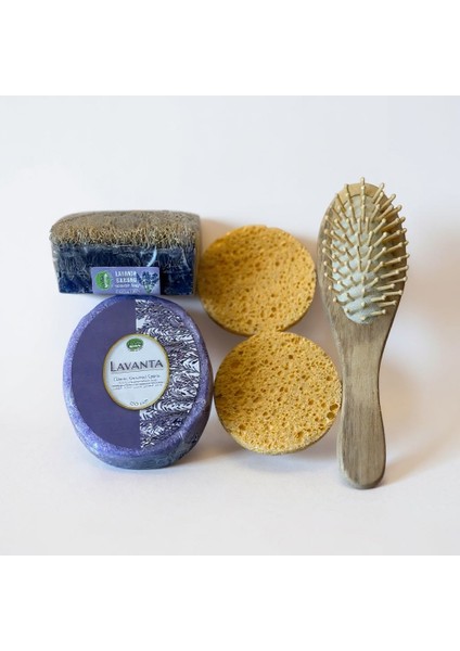 Doğal Kabak Lifi Sabun Süngerli Bambu Masaj Tarağı Peeling 4’lü Cilt Bakım Seti