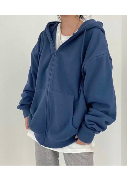 Punıx Büyük Beden Özel Üretim Kapüşonlu Tam Fermuarlı Süper Bol Oversize Kadın Düz Renk Sweatshırt