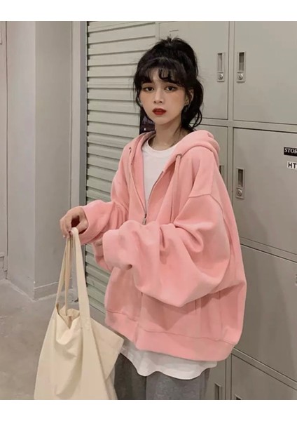 Punıx Büyük Beden Özel Üretim Kapüşonlu Tam Fermuarlı Süper Bol Oversize Kadın Düz Renk Sweatshırt