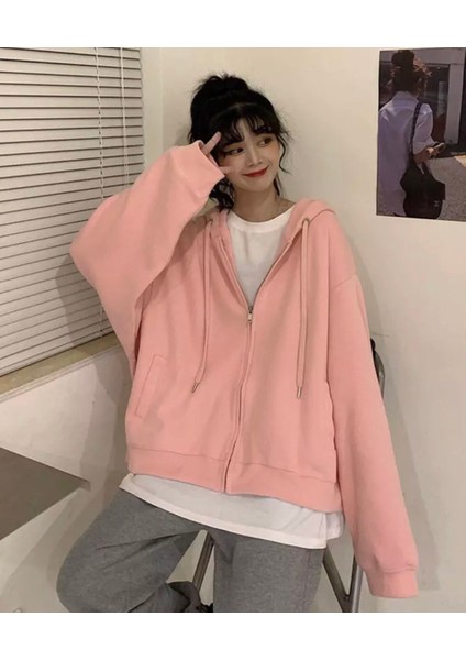 Punıx Büyük Beden Özel Üretim Kapüşonlu Tam Fermuarlı Süper Bol Oversize Kadın Düz Renk Sweatshırt fiyatları